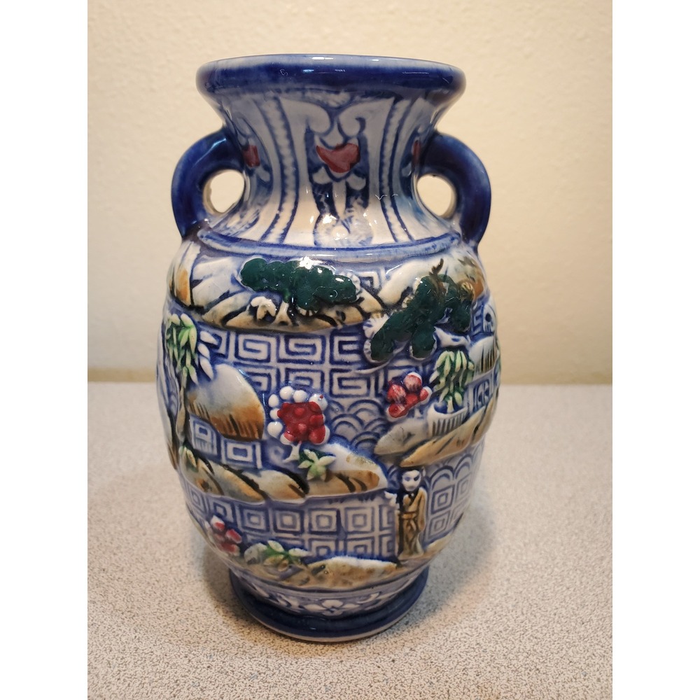 Vintage Japanese Relief Ceramic Vase Blue White Landscape Pagoda Double Handle